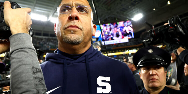 MIAMI GARDENS, FLORIDA - JANUARY 09: Head coach James Franklin of the Penn State Nittany Lions walks off the field after losing to the Notre Dame Fighting Irish 27-24 in the Capital One Orange Bowl at Hard Rock Stadium on January 09, 2025 in Miami Gardens, Florida. (Photo by Megan Briggs/Getty Images)