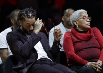 CHICAGO, ILLINOIS - JANUARY 04: Former Chicago Bulls star Derrick Rose becomes emotional during a half-time celebration for Derrick Rose Night at the United Center on January 4, 2025 in Chicago, Illinois. NOTE TO USER: User expressly acknowledges and agrees that, by downloading and or using this photograph, User is consenting to the terms and conditions of the Getty Images License Agreement. (Photo by Geoff Stellfox/Getty Images)