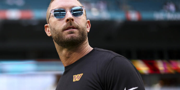 MIAMI GARDENS, FL - AUGUST 17: Offensive coordinator Kliff Kingsbury of the Washington Commanders looks on prior to an NFL preseason football game against the Miami Dolphins at Hard Rock Stadium on August 17, 2024 in Miami Gardens, FL. (Photo by Kevin Sabitus/Getty Images)