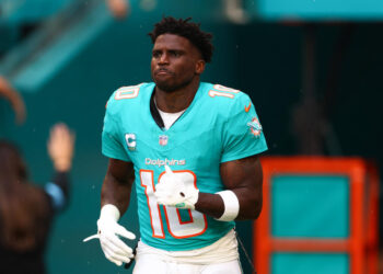 MIAMI GARDENS, FLORIDA - DECEMBER 22: Tyreek Hill #10 of the Miami Dolphins takes the field prior to a game against the San Francisco 49ers at Hard Rock Stadium on December 22, 2024 in Miami Gardens, Florida. (Photo by Megan Briggs/Getty Images)