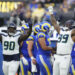 Seattle Seahawks defensive end Leonard Williams (99) celebrates after sacking Los Angeles Rams quarterback Jimmy Garoppolo during the second half of an NFL football game Sunday, Jan. 5, 2025, in Inglewood, Calif. (AP Photo/Eric Thayer)