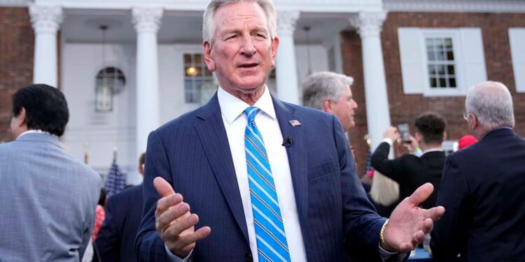 Tommy Tuberville talks during a television interview before former President Donald Trump speaks at Trump National Golf Club in Bedminster