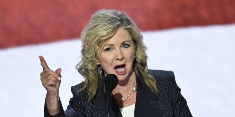 US Senator Marsha Blackburn, Republican of Tennessee, speaks during the first day of the 2024 Republican National Convention at the Fiserv Forum in Milwaukee, Wisconsin, July 15, 2024.