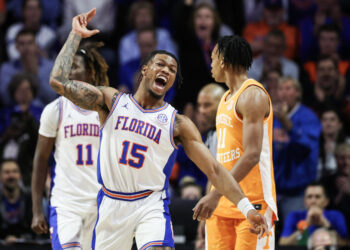 GAINESVILLE, FLORIDA - JANUARY 07: Alijah Martin #15 of the Florida Gators reacts after making a shot during the first half of a game against the Tennessee Volunteers at Stephen C. O'Connell Center on January 07, 2025 in Gainesville, Florida. (Photo by James Gilbert/Getty Images)