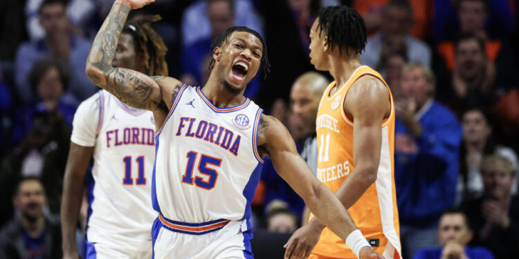 GAINESVILLE, FLORIDA - JANUARY 07: Alijah Martin #15 of the Florida Gators reacts after making a shot during the first half of a game against the Tennessee Volunteers at Stephen C. O'Connell Center on January 07, 2025 in Gainesville, Florida. (Photo by James Gilbert/Getty Images)