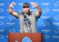 DETROIT, MI - AUGUST 03: Detroit Lions head coach Dan Campbell tells a story during the morning press conference during the Detroit Lions preseason OTA practice on Tuesday August 3, 2021 at Comerica Park in Detroit, MI. (Photo by Steven King/Icon Sportswire via Getty Images)