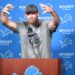 DETROIT, MI - AUGUST 03: Detroit Lions head coach Dan Campbell tells a story during the morning press conference during the Detroit Lions preseason OTA practice on Tuesday August 3, 2021 at Comerica Park in Detroit, MI. (Photo by Steven King/Icon Sportswire via Getty Images)