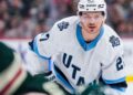 SAINT PAUL , MINNESOTA - JANUARY 23: Barrett Hayton #27 of the Utah Hockey Club before a face-off during the first period against the Minnesota Wild on January 23, 2025 at Xcel Energy Center in Saint Paul, Minnesota.  (Photo by Hunter Dyke/NHLI via Getty Images)