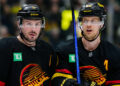 VANCOUVER, CANADA - JANUARY 25: Elias Pettersson #40 and J.T. Miller #9 of the Vancouver Canucks wait for a face off during the first period of their NHL game against the Washington Capitals at Rogers Arena on January 25, 2025 in Vancouver, British Columbia, Canada. (Photo by Derek Cain/Getty Images)