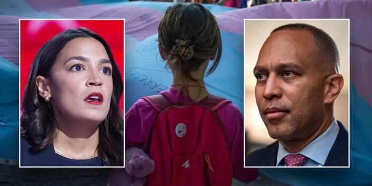 Alexandria Ocasio-Cortez and Hakeem Jeffries with a trans flag background