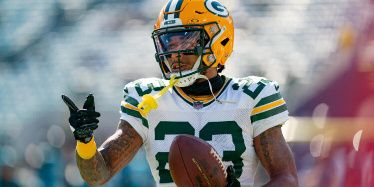 JACKSONVILLE, FL - OCTOBER 27: Green Bay Packers cornerback Jaire Alexander (23) warms up before a NFL football game between the Green Bay Packers and the Jacksonville Jaguars on October 27th, 2024 at EverBank Stadium in Jacksonville, FL. (Photo by Chris Leduc/Icon Sportswire via Getty Images)