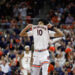 AUBURN, ALABAMA - JANUARY 14: Chad Baker-Mazara #10 of the Auburn Tigers reacts after shooting a three-pointer during the first half against the Mississippi State Bulldogs at Neville Arena on January 14, 2025 in Auburn, Alabama. (Photo by Stew Milne/Getty Images)