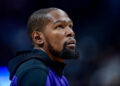 DENVER, COLORADO - DECEMBER 23: Kevin Durant #35 of the Phoenix Suns looks on before a game against the Denver Nuggets at Ball Arena on December 23, 2024, 2024 in Denver, Colorado. NOTE TO USER: User expressly acknowledges and agrees that, by downloading and or using this photograph, User is consenting to the terms and conditions of the Getty Images License Agreement. (Photo by Dustin Bradford/Getty Images)