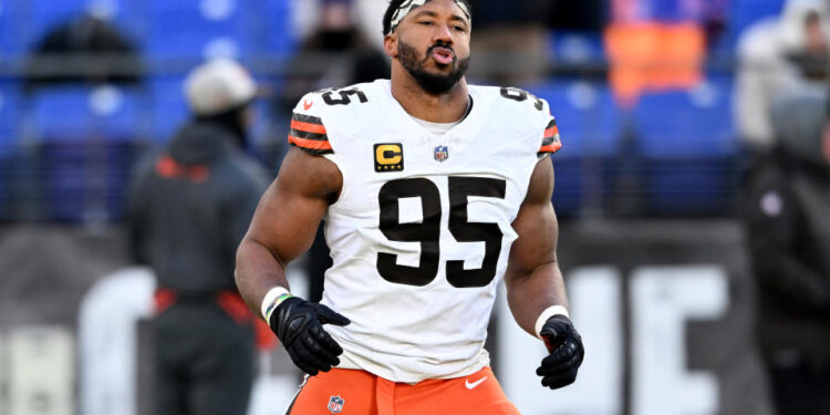 Myles Garrett, the reigning NFL Defensive Player of the Year, has two years remaining on a five-year, $125 million extension he signed in 2020. (Photo by G Fiume/Getty Images)