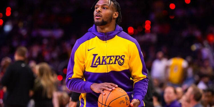 Bronny James warms up before a Lakers game