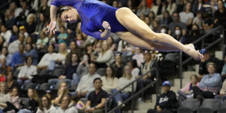 Oceanside, CA - January 04: UCLA gymnast Brooklyn Moors performs during the floor exercise.