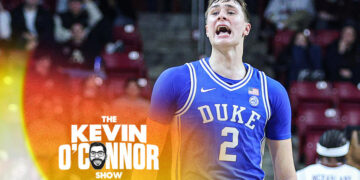 CHESTNUT HILL, MA - JANUARY 18: Duke Blue Devils guard Cooper Flagg (2) reacts after a made three point shot during the college basketball game between Duke Blue Devils and Boston College Eagles on January 18, 2025, at Conte Forum in Chestnut Hill, MA. (Photo by M. Anthony Nesmith/Icon Sportswire via Getty Images)