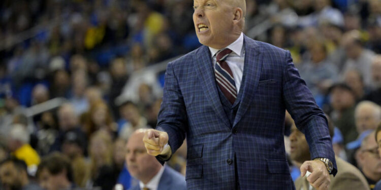 UCLA head coach Mick Cronin instructs from the bench during the first half of an NCAA college basketball game against Michigan, Tuesday, Jan. 7, 2025, in Los Angeles. (AP Photo/Jayne-Kamin-Oncea)