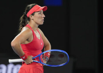 Jessica Pegula of the U.S. reacts after losing a point to Olga Danilovic of Serbia during their third round match at the Australian Open tennis championship in Melbourne, Australia, Friday, Jan. 17, 2025. (AP Photo/Asanka Brendon Ratnayake)