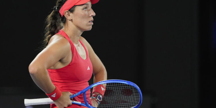 Jessica Pegula of the U.S. reacts after losing a point to Olga Danilovic of Serbia during their third round match at the Australian Open tennis championship in Melbourne, Australia, Friday, Jan. 17, 2025. (AP Photo/Asanka Brendon Ratnayake)