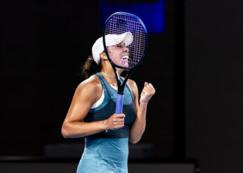 MELBOURNE, VIC - JANUARY 23: Madison Keys of the United States of America celebrates winning her match in the Semifinals of the 2025 Australian Open on January 23 2025, at Melbourne Park in Melbourne, Australia. (Photo by Jason Heidrich/Icon Sportswire via Getty Images)