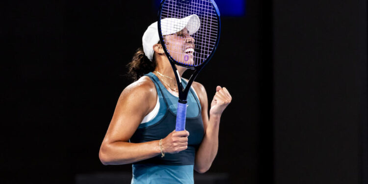 MELBOURNE, VIC - JANUARY 23: Madison Keys of the United States of America celebrates winning her match in the Semifinals of the 2025 Australian Open on January 23 2025, at Melbourne Park in Melbourne, Australia. (Photo by Jason Heidrich/Icon Sportswire via Getty Images)