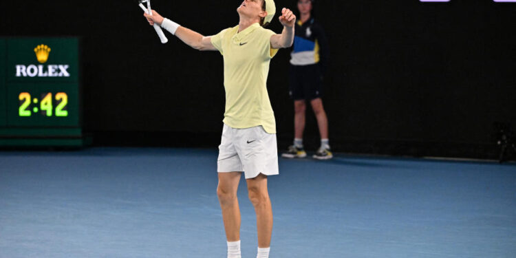 Italy's Jannik Sinner celebrates his victory against Germany's Alexander Zverev during their men's singles final match on day fifteen of the Australian Open tennis tournament in Melbourne on January 26, 2025. (Photo by WILLIAM WEST / AFP) / -- IMAGE RESTRICTED TO EDITORIAL USE - STRICTLY NO COMMERCIAL USE -- (Photo by WILLIAM WEST/AFP via Getty Images)