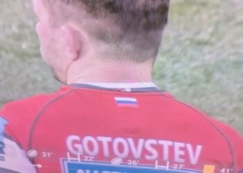 Russia flag printed on the back of Kirill Gotovtsev's Gloucester shirt