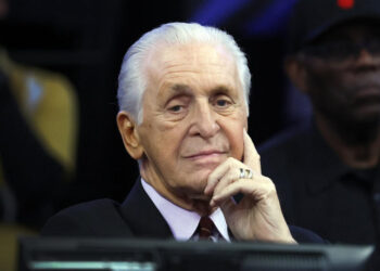 Miami Heat president Pat Riley during a time out in the first half as the Miami Heat play host to Denver Nuggets at the Kaseya Center on Friday, Jan. 17, 2025, in Miami. (Al Diaz/Miami Herald/Tribune News Service via Getty Images)