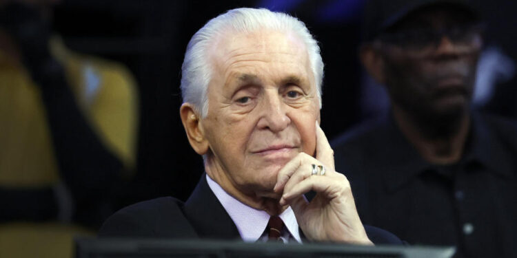 Miami Heat president Pat Riley during a time out in the first half as the Miami Heat play host to Denver Nuggets at the Kaseya Center on Friday, Jan. 17, 2025, in Miami. (Al Diaz/Miami Herald/Tribune News Service via Getty Images)