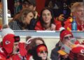 Singer-songwriter Taylor Swift talks with Caitlin Clark of the Indiana Fever during the second half in the AFC Divisional Playoff between the Houston Texans and the Kansas City Chiefs at GEHA Field at Arrowhead Stadium on January 18, 2025 in Kansas City, Missouri. 