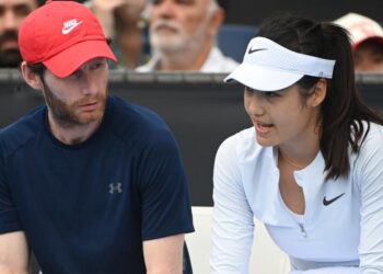 Emma Raducanu of Great Britain with her coach Nick Cavaday during day one of the 2025 Australian Open at Melbourne Park