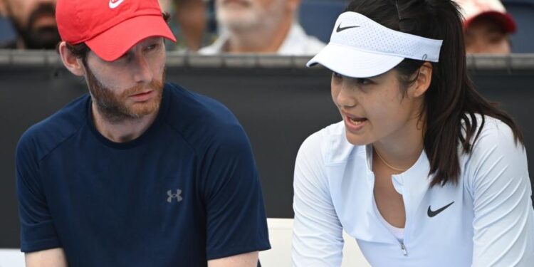 Emma Raducanu of Great Britain with her coach Nick Cavaday during day one of the 2025 Australian Open at Melbourne Park