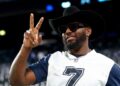 Former Dallas Cowboys wide receiver Dez Bryant walks on the field before the game between the New York Giants and Cowboys, Sept. 26, 2022, in East Rutherford, N.J.