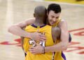 LOS ANGELES, CA - APRIL 13:  Kobe Bryant #24 of the Los Angeles Lakers hugs Larry Nance Jr. #7 after scoring 60 points against the Utah Jazz at Staples Center on April 13, 2016 in Los Angeles, California. Bryant played his last game as a Laker and retired from basketball.  (Photo by Kevork Djansezian/Getty Images)