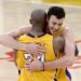 LOS ANGELES, CA - APRIL 13:  Kobe Bryant #24 of the Los Angeles Lakers hugs Larry Nance Jr. #7 after scoring 60 points against the Utah Jazz at Staples Center on April 13, 2016 in Los Angeles, California. Bryant played his last game as a Laker and retired from basketball.  (Photo by Kevork Djansezian/Getty Images)