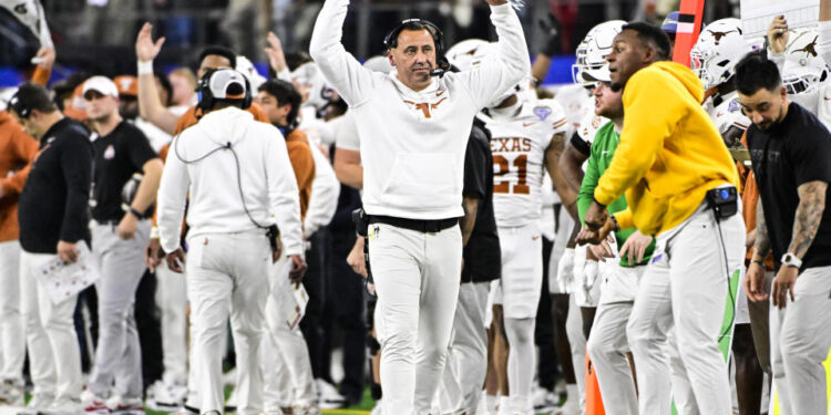 ARLINGTON, TEXAS - JANUARY 10: Head coach Steve Sarkisian of the Texas Longhorns during the Goodyear Cotton Bowl against the Ohio State Buckeyes at AT&T Stadium on January 10, 2025 in Arlington, Texas. (Photo by CFP/Getty Images)