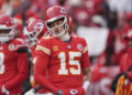 Kansas City Chiefs quarterback Patrick Mahomes got the benefit of a couple of 15-yard penalties on Sunday. (AP Photo/Charlie Riedel)