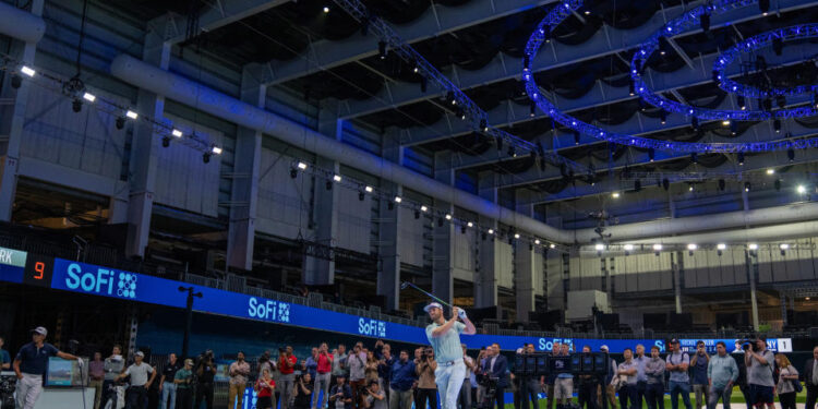 Inside the SoFi Center, players will hit tee shots off actual grass, (Courtesy of TGL)