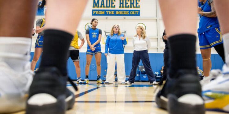 UCLA Women's Basketball Head Coach Cori Close, center, runs practice