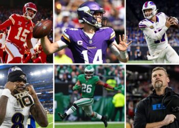 <span>(Clockwise from top left) Patrick Mahomes, Sam Darnold, Josh Allen, Dan Campbell, Saquon Barkley and Lamar Jackson will all play a huge part in this season’s playoffs.</span><span>Composite: Getty Images</span>