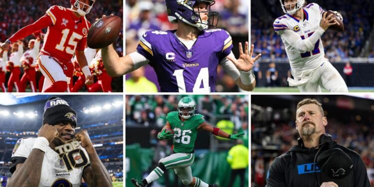 <span>(Clockwise from top left) Patrick Mahomes, Sam Darnold, Josh Allen, Dan Campbell, Saquon Barkley and Lamar Jackson will all play a huge part in this season’s playoffs.</span><span>Composite: Getty Images</span>