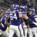 MINNEAPOLIS, MINNESOTA - DECEMBER 29: Quarterback Sam Darnold #14 of the Minnesota Vikings celebrates with Brian O'Neill #75 after a throwing a touchdown pass during the third quarter against the Green Bay Packers at U.S. Bank Stadium on December 29, 2024 in Minneapolis, Minnesota. (Photo by Stephen Maturen/Getty Images)