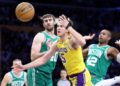 Los Angeles, California January 23, 2025-Lakers Austin Reaves loses the ball against Celtics.