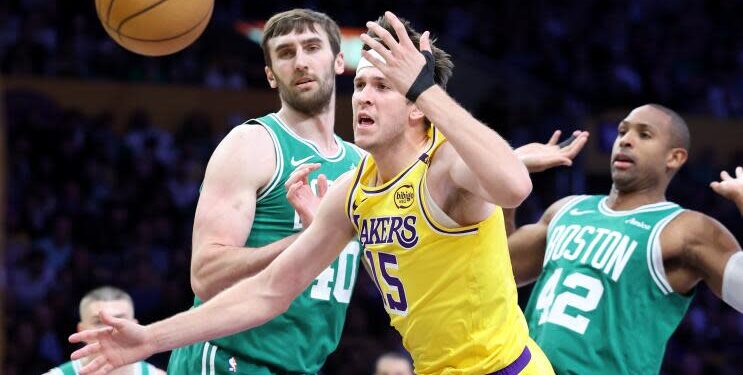 Los Angeles, California January 23, 2025-Lakers Austin Reaves loses the ball against Celtics.