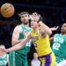 Los Angeles, California January 23, 2025-Lakers Austin Reaves loses the ball against Celtics.