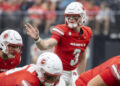 UNLV quarterback Matthew Sluka (3) directs the offensive line during the college football game against Utah Tech at Allegiant Stadium, Saturday, Sept. 7, 2024, in Las Vegas. (Daniel Jacobi II/Las Vegas Review-Journal)