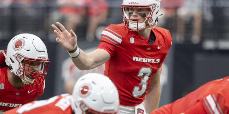 UNLV quarterback Matthew Sluka (3) directs the offensive line during the college football game against Utah Tech at Allegiant Stadium, Saturday, Sept. 7, 2024, in Las Vegas. (Daniel Jacobi II/Las Vegas Review-Journal)