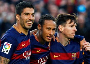 <span>Luis Suárez, Neymar and Lionel Messi during their time together at Barcelona, where they won the treble in 2015.</span><span>Photograph: Quique García/EPA</span>