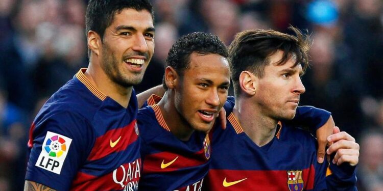 <span>Luis Suárez, Neymar and Lionel Messi during their time together at Barcelona, where they won the treble in 2015.</span><span>Photograph: Quique García/EPA</span>